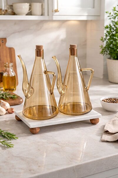 morponi Glazzy Flat Design Oil Pot with Marble Stand 750 ml +750 ml Amber