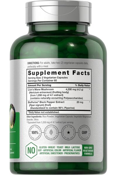 Horbäach Lion's Mane Mushroom Extract | 4200 mg | 120 Capsules | Non-GMO, Gluten-Free Vegan Dietary Supplement | by
