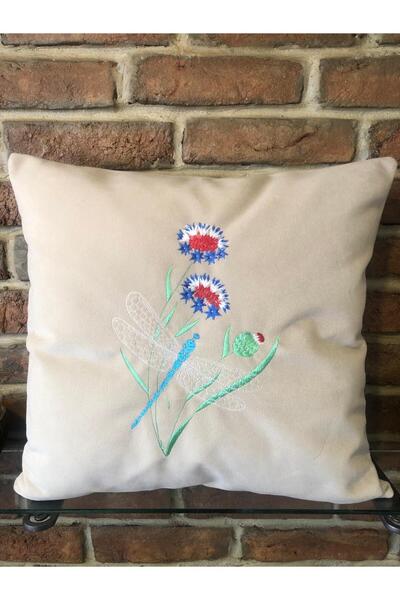 harmony factory Embroidered Velvet Beige Cushion Cover Dragonfly Embroidered ...