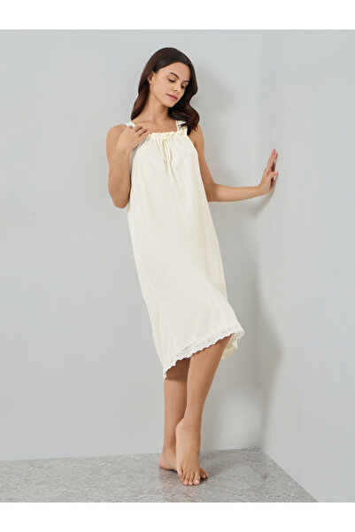 Styli Cream Ribbed Strappy Nightdress with Lace Trim