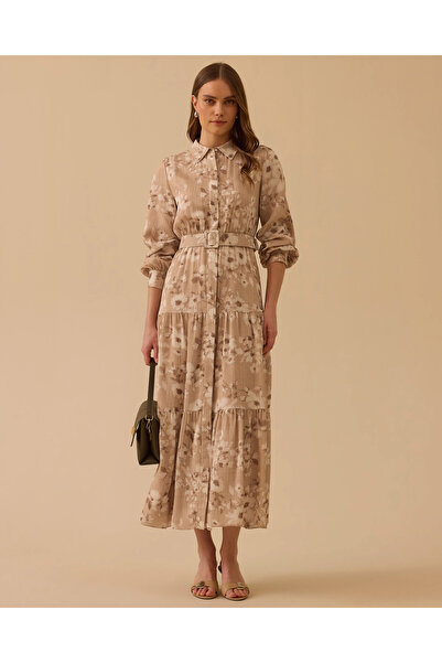 SCL Kemerli Gömlek Yaka Desenli Elbise