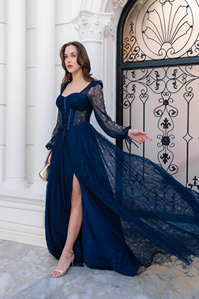 Lafaba Women's Navy Blue Slim Fit Long Sleeve Leg-Cut Low-Cut Evening Dress, ...