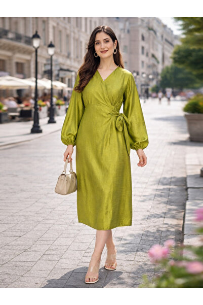 HOUSE OF RAELI By Styli Green Balloon Sleeves Wrap Midi Dress
