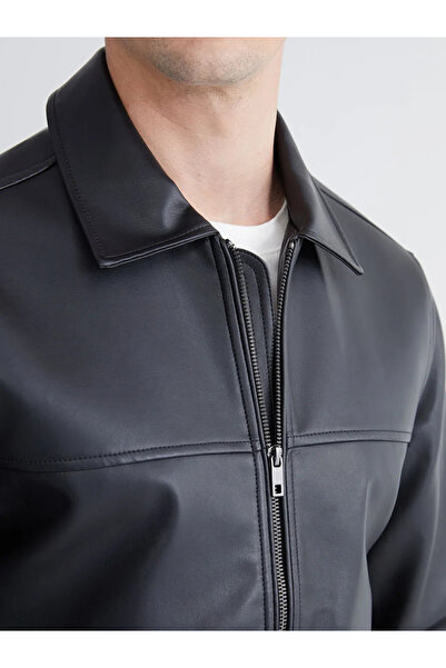 LC Waikiki Black Shirt Collar Men's Leather-Look Jacket