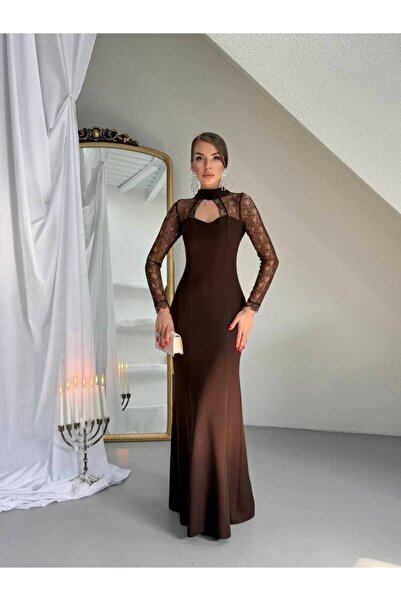 MAXMOOR NOİR Dantel Kol Maxi Elbise 3114 - Acı Kahve