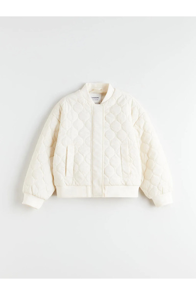 LC Waikiki Εκρού ψηλός λαιμός Καπιτονέ Παλτό για Κορίτσια με Σχέδιο