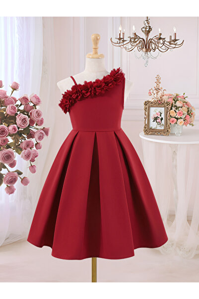 Take Two By Styli Girls Red One Shoulder Flower Details Ruffle Mini Dress