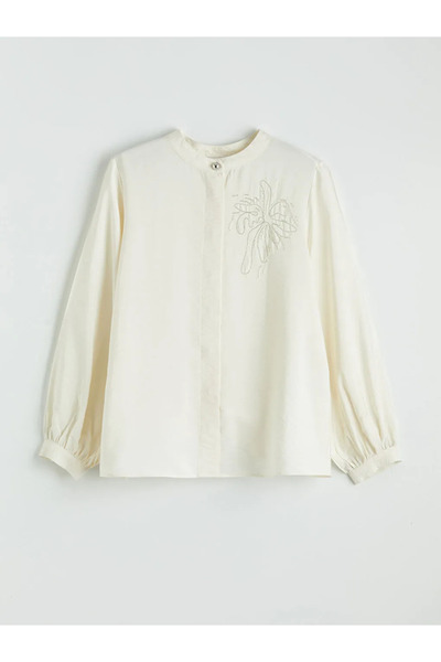 LC Waikiki Ecru Hakim Collar Embroidered Women's Shirt