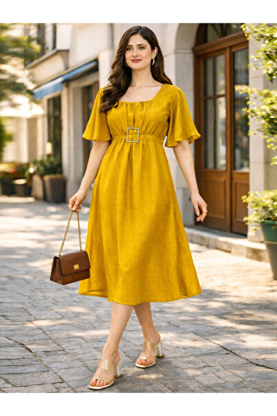 HOUSE OF RAELI By Styli Mustard Square Neck Midi Dress with Buckle Detail