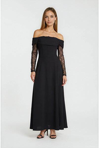 Spazio Düşük Omuz Dantel Kollu Abiye Elbise SİYAH