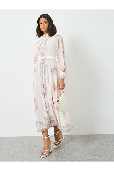 Styli Light Pink Floral Belted Midi Dress