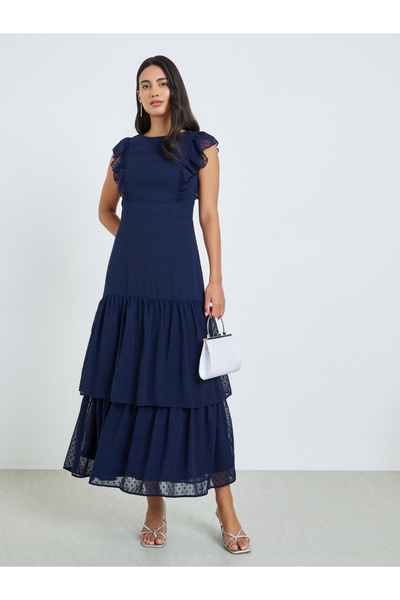 Styli Navy Blue Dobby Tiered Maxi Dress