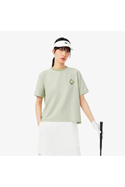 Lacoste Kadın Regular Fit Bisiklet Yaka Çizgili Yeşil T-Shirt