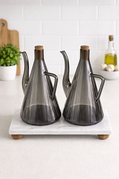 morponi Glazzy Striped Design Oil Pot with Marble Stand 750 ml +750 ml Smoked