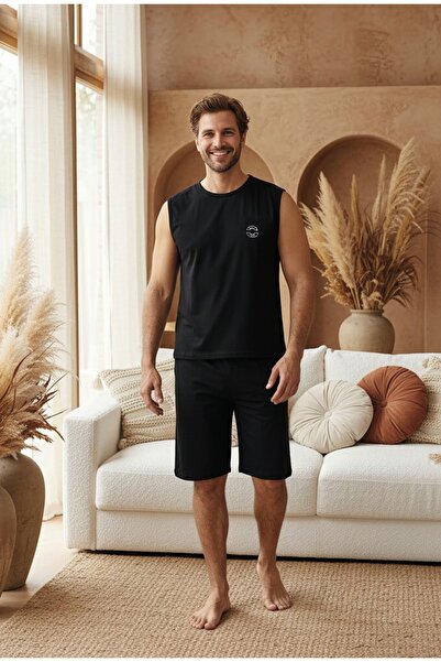 LİLA İÇ GİYİM Embroidered Zero Sleeve Shorts Men's Pajama Set