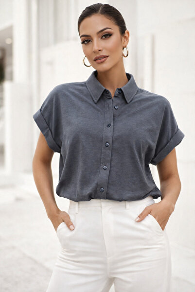 Rich Cămașă cu mânecă scurtă Antracit supradimensionat pentru femei