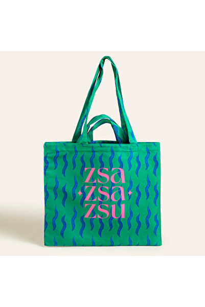 Zsa Zsa Zsu Marmara Dijital Baskılı Pamuk Omuz Çantası 40x40 Cm Yeşil