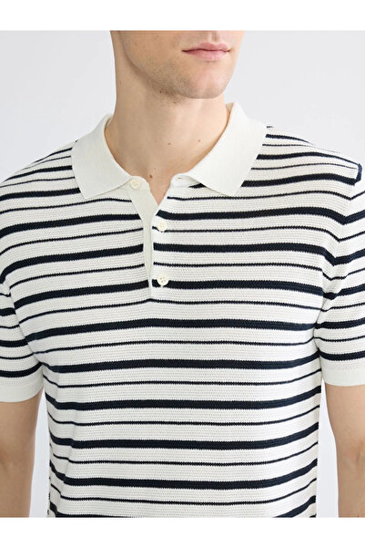 LC Waikiki Ecru Striped Men's Polo Neck Knit Sweater