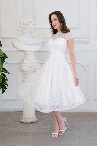 Lafaba Women's White Short Sleeve Sequined Midi Flared Promise Engagement Wed...