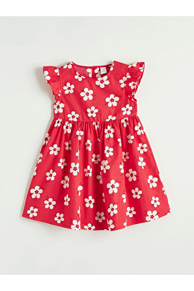 LC Waikiki Κόκκινο φλοράλ φόρεμα για κορίτσια με λαιμόκοψη ποδηλάτου
