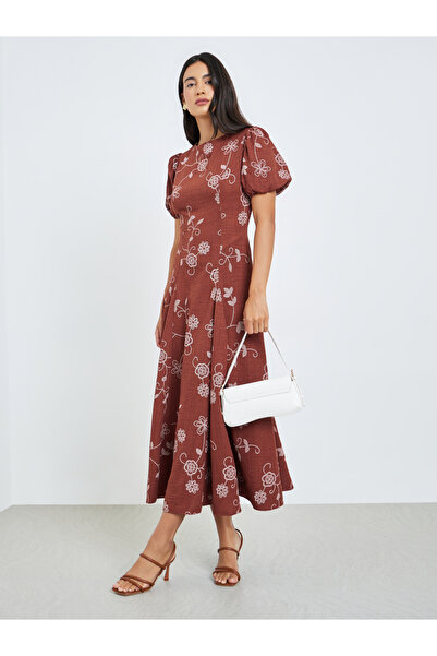 Styli Rust Floral Puff Sleeves Maxi Dress