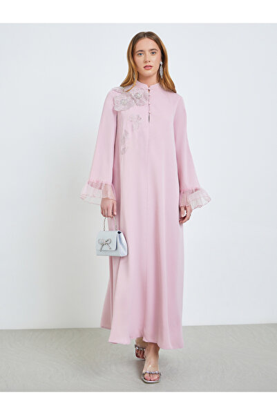 Take Two By Styli Pink Floral Applique Mesh Sleeve Jalabiya