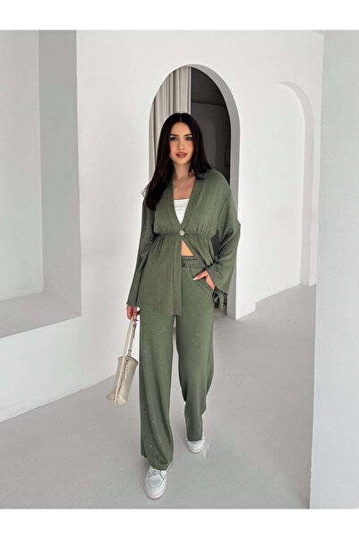 Elaxi Set de două piese pentru femei, cu mâneci lungi argintii și pantaloni k...