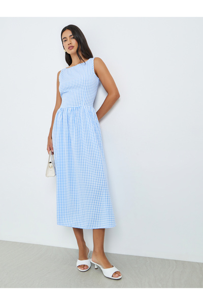 Styli Blue Gingham Check Sleeveless Midi Dress