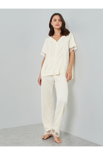 Styli Cream Lace Trim Waffle Textured Shirt and Pyjama Set
