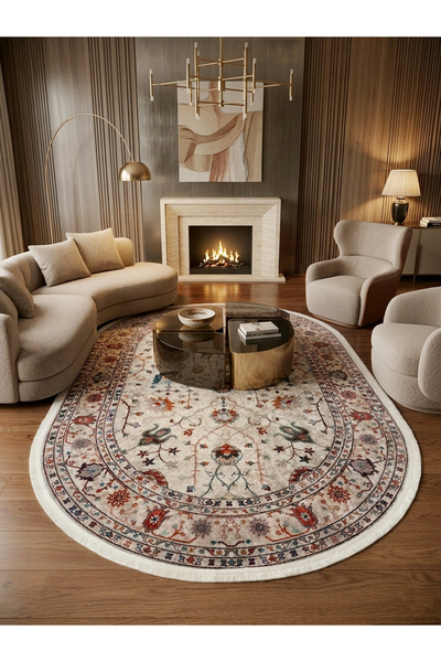 Brillant Bej Renk Vintage Çiçekli Oval Lateks Kaymaz Taban Halı