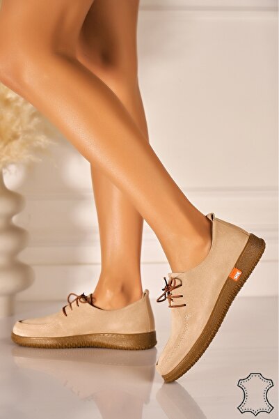 Joana Women's Beige Suede Leather Moccasins 38