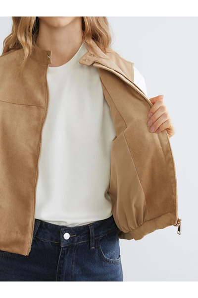 LC Waikiki Brown Mock Neck Oversized Women Suede-Look Vest