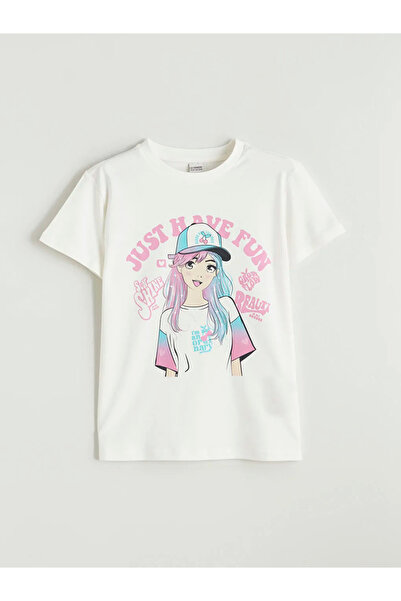 LC Waikiki Tricou alb pentru fetiță cu decolteu rotund imprimat