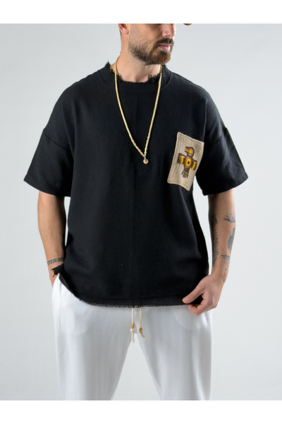 COCOPELLI Patterned Pocket Detail Black Bohemian T-Shirt Coc2983