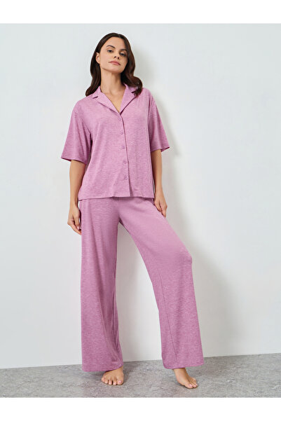 Styli Pink Melange Knit Buttoned Shirt and Pyjama Set
