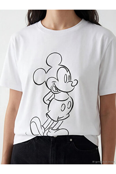 LC Waikiki White Crew Neck Mickey Mouse Printed Women's T-Shirt