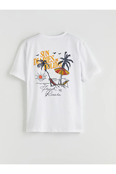 LC Waikiki Γυναικείο μπλουζάκι με λευκό λαιμόκοψη με στάμπα oversize