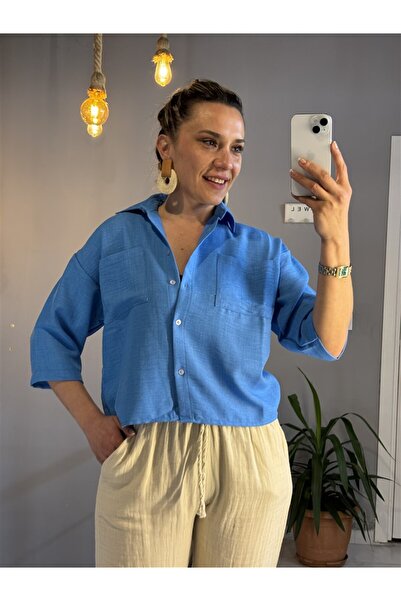 Gözde Tasarım Butik Women's Blue Color Double Ce Pocketed Isa Ayrobin Shirt