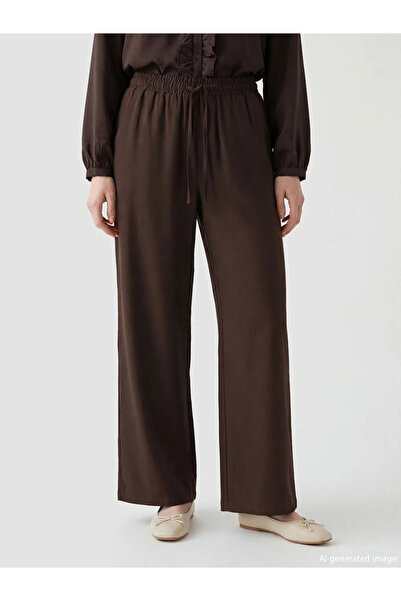 LC Waikiki Καφέ γυναικείο παντελόνι με ελαστική μέση και φαρδύ πόδι