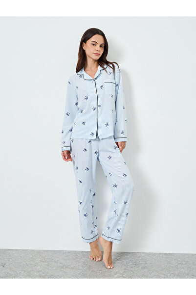 Take Two By Styli Light Blue Striped Bow Print Shirt and Pyjama Set