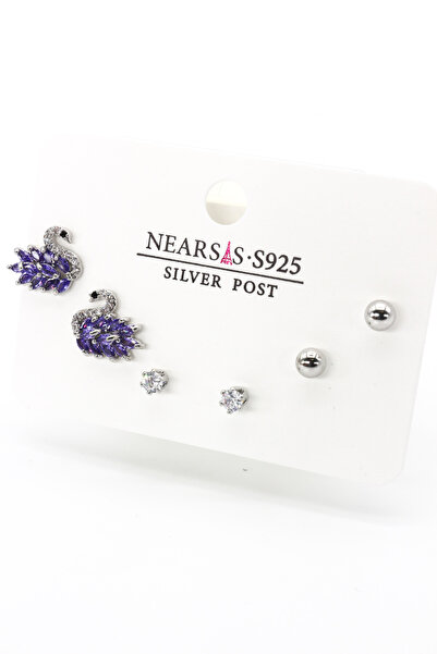 Nearsis Zircon Stone Set of Six Purple Stone Swan Earrings