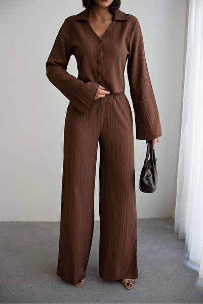 Ded COLLECTION Women's Crinkle Fabric Button Shirt and High Waist Wide-Leg Pa...