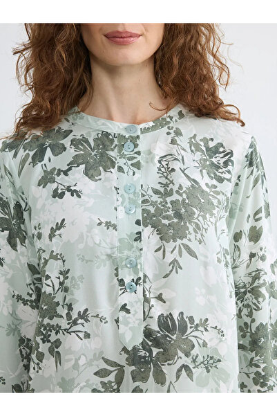 LC Waikiki Green Hakim Collar Floral Balloon Sleeve Women's Tunic