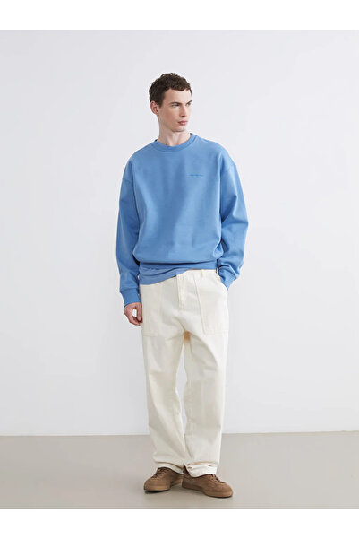 LC Waikiki Blue Crew Neck Printed Men's Thick Sweatshirt