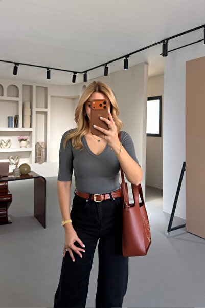 Sezgi Tekin Premium Series V-Neck Half Sleeve Anthracite Basic Blouse