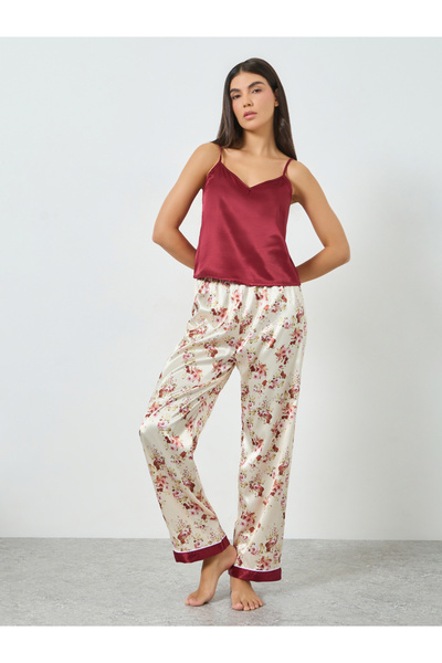 INENEMIS By Styli Burgundy Satin Cami Top and Floral Pyjama Set