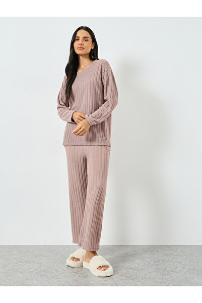 Styli Pink Long Sleeve Ribbed Top and Pyjama Set