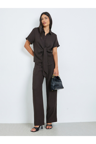 Styli Brown Short Sleeve Top with Wide Leg Pants Co-Ords