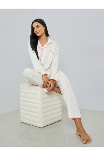Styli Embroidery Detail Long Sleeve Shirt and Pyjama Set