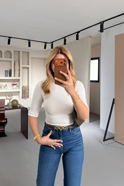 Sezgi Tekin Premium Series Crew Neck Half Sleeve Ecru Basic Blouse